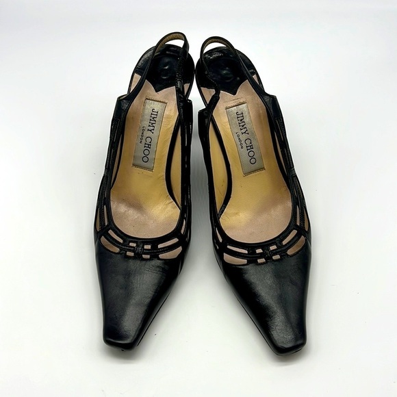 Jimmy Choo Shoes - Jimmy Choo - Black Soft Leather Sling Back Cutout Square Toe Heels Size 36.5
